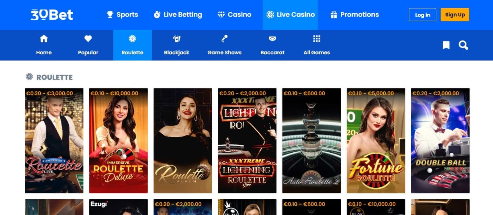 30bet Casino's live casino section, showing roulette variations.