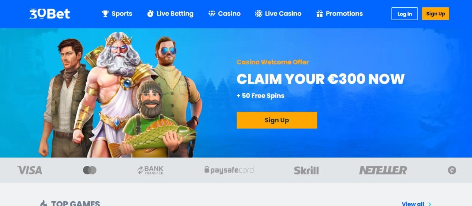 30bet Casino's homepage, showing the welcome bonus flanked by game avatars.