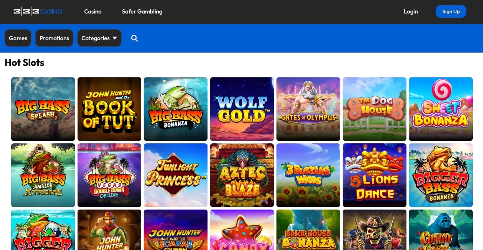 333 casino games page featuring the hottest slots such as Big Bass Splash, Gates of Olympus, The Dog House and Sweet Bonanza