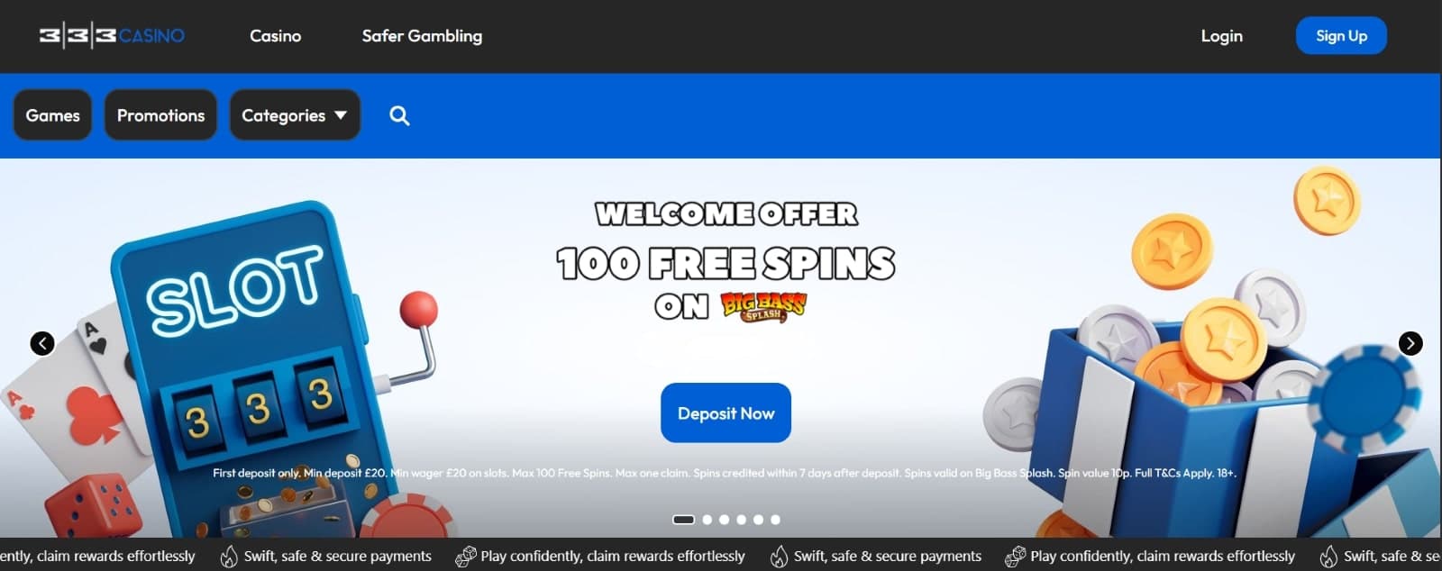 333 Casino landing page with the first deposit offer of 100 free spins on Big bass Splash over slot image and box of poker chips