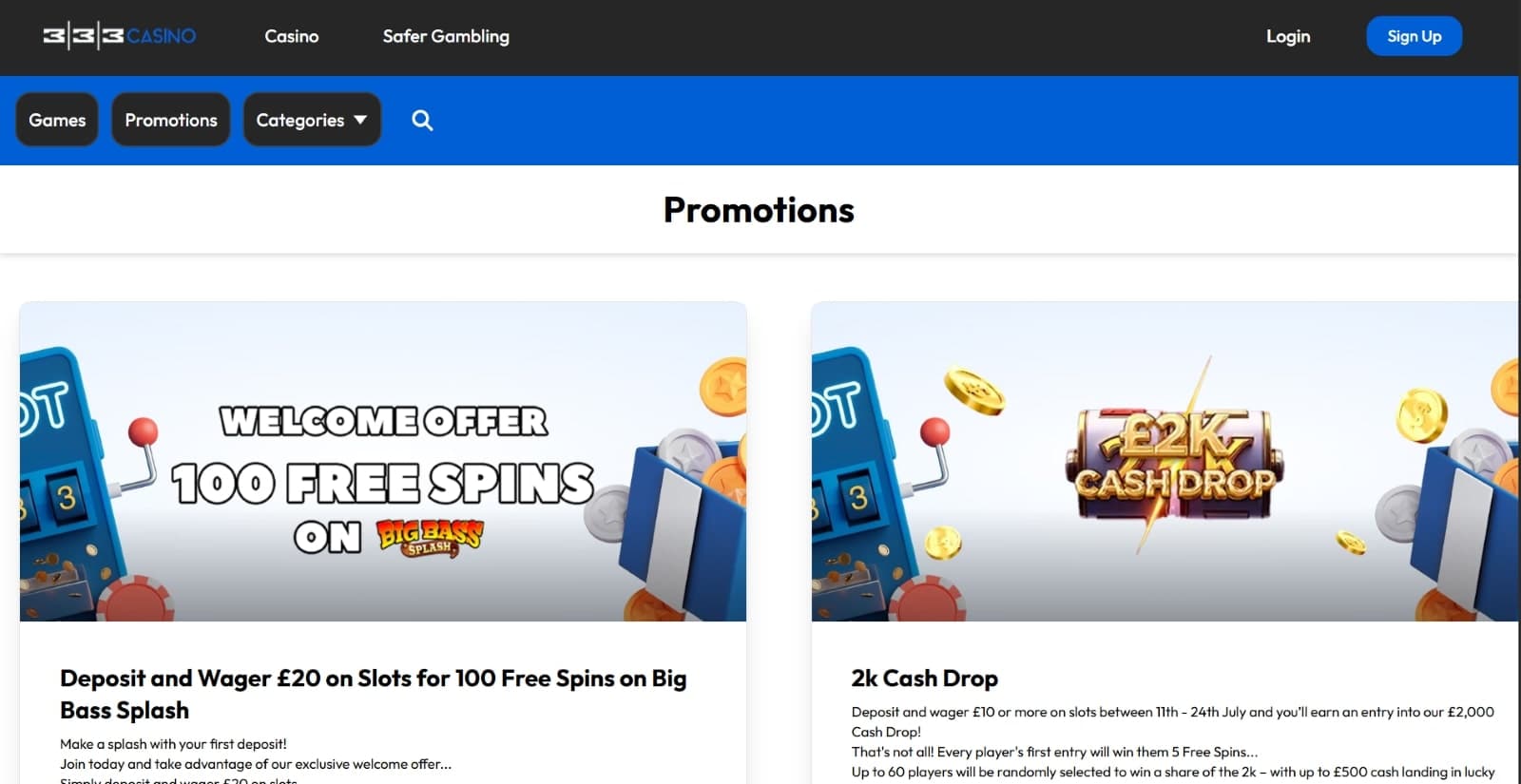 333 casino promotions page featuring 100 free spins welcome bonus and 2k cash drop promotions