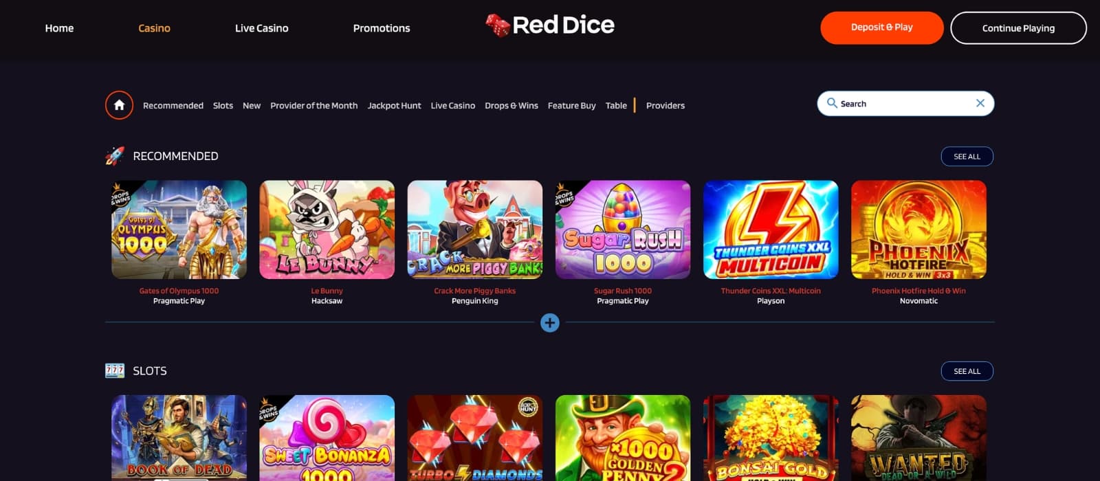 Red Dice Casino lobby showing slots, live dealer tables and multiple game providers