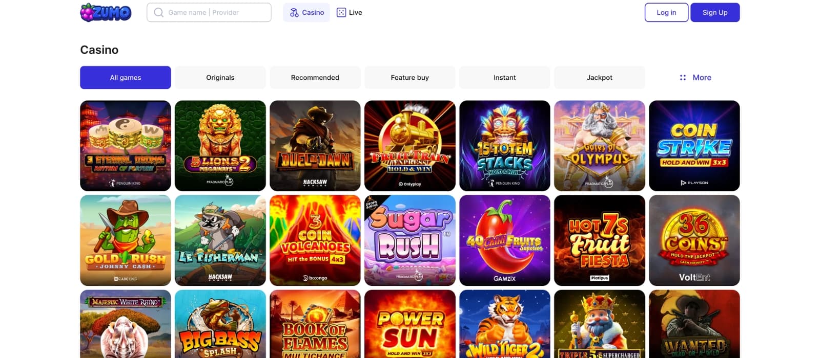 ZumoBet Casino lobby featuring thousands of slot games and live casino categories with providers