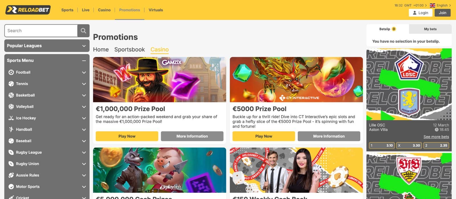 Casino game selection page on ReloadBet with thumbnails and search filters