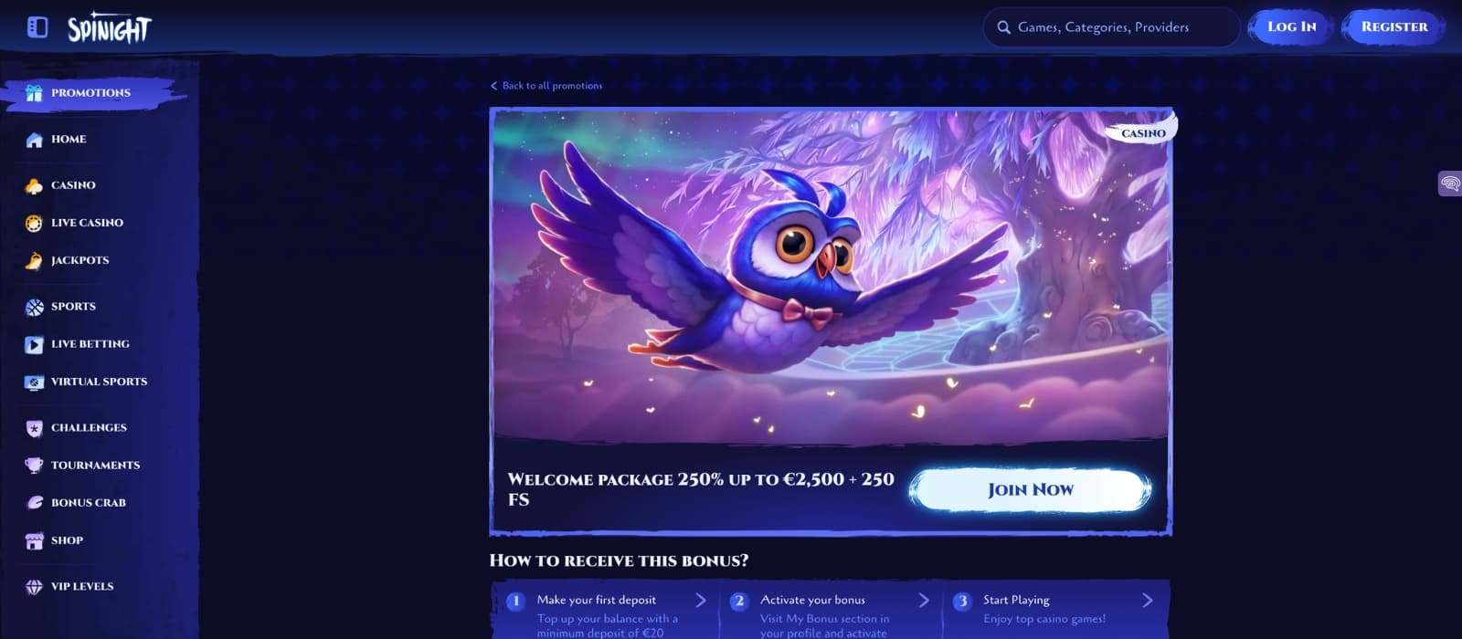 Spinight bonus page showing welcome bonuses and free spins offers