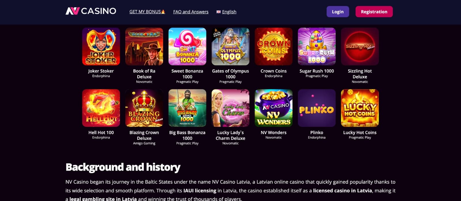 NV Casino lobby showing thousands of slot games, live casino tables and provider categories