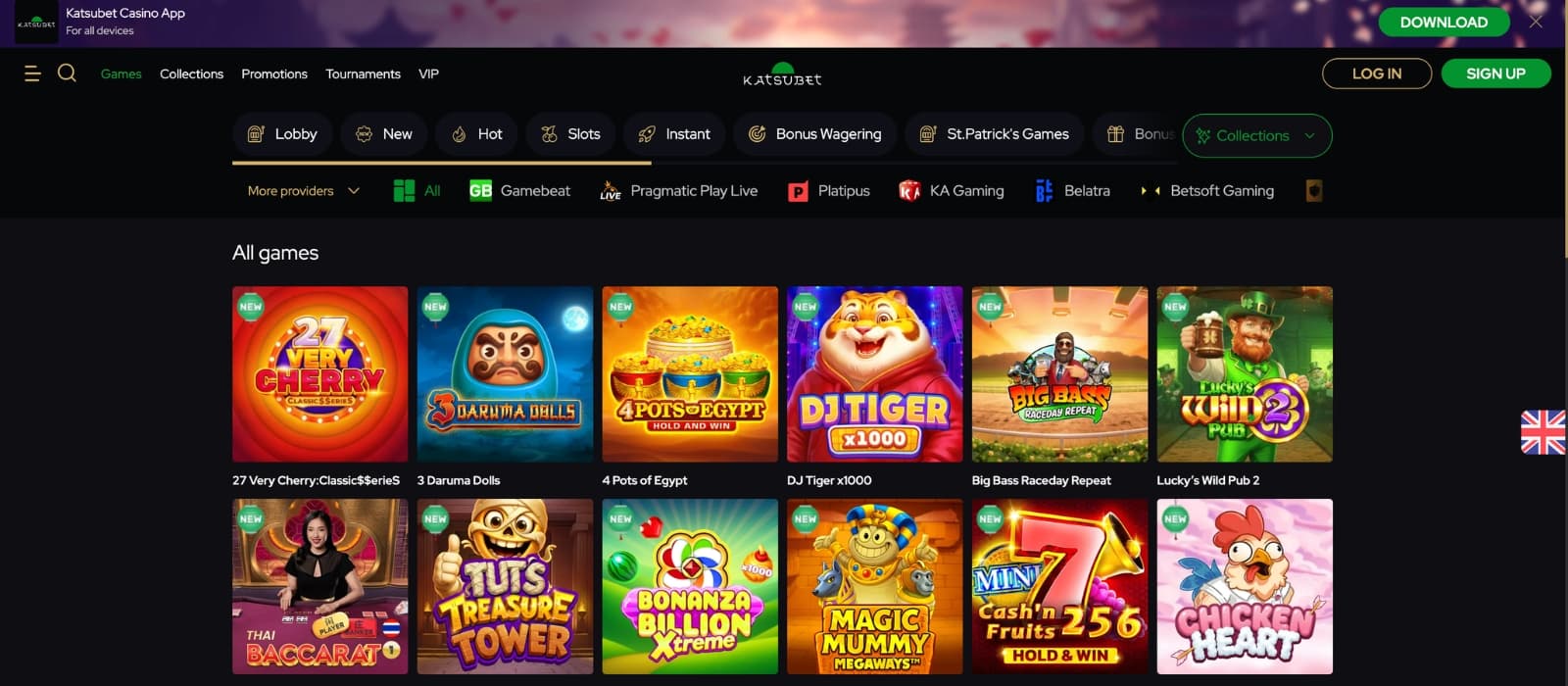 KatsuBet Casino lobby showing a large selection of slot games, live casino tables, and provider categories