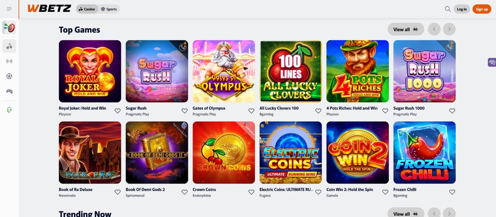 Slot machine gameplay view on Wbetz showing reels, control buttons, and player balance