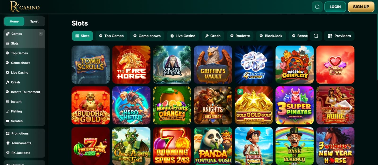 RX Casino lobby showing slots, live dealer tables and multiple game categories