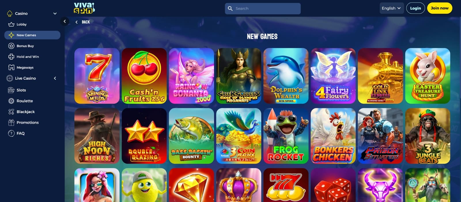 VivaSpin Casino lobby with thousands of slot games, live casino tables and game categories