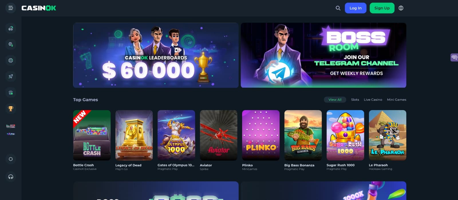 CasinOK front page with welcome banners and highlighted games