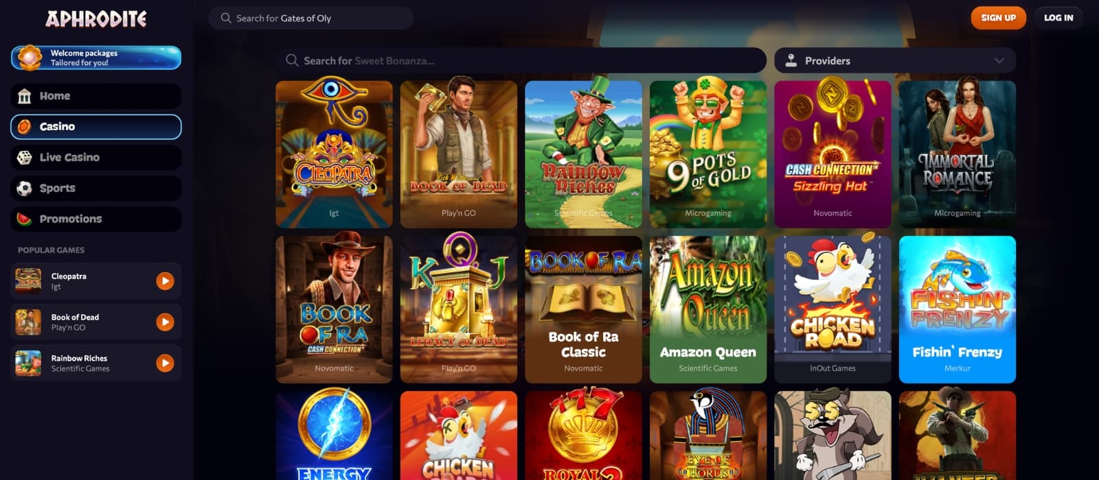 Aphrodite Casino lobby showing slots, live casino tables and game categories from multiple providers