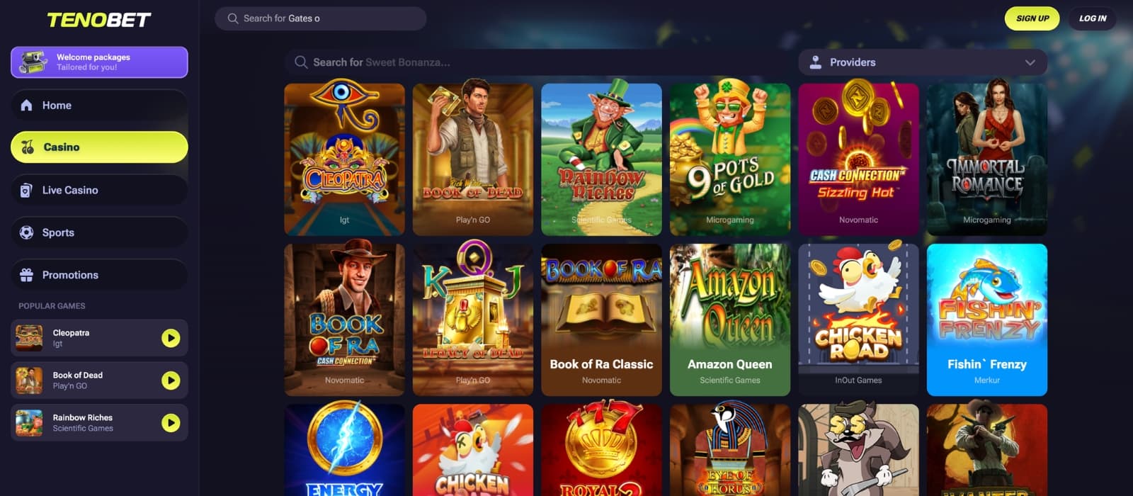Tenobet Casino lobby showing slots, live casino tables and game providers with categorized navigation