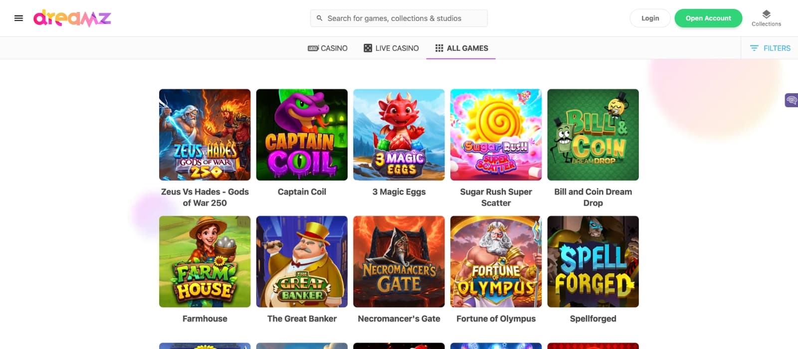 Slot reel interface on Dreamz showing spins, wager panel, and balance