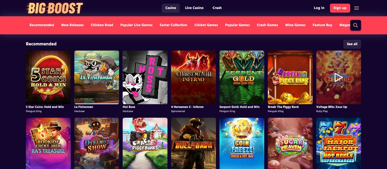 BigBoost Casino lobby showing slots, live casino tables and multiple provider filters