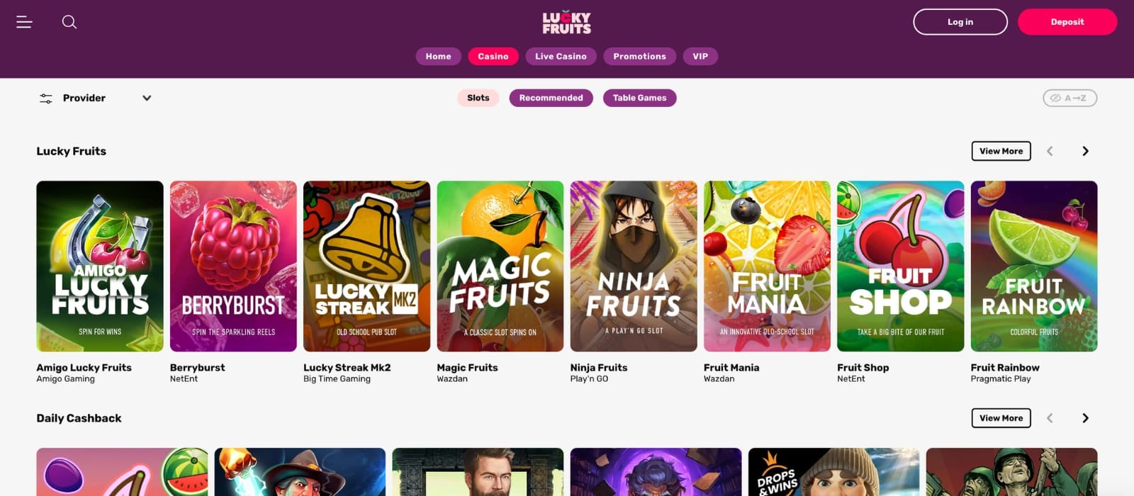 LuckyFruits Casino lobby showing slots, live casino tables and provider filters