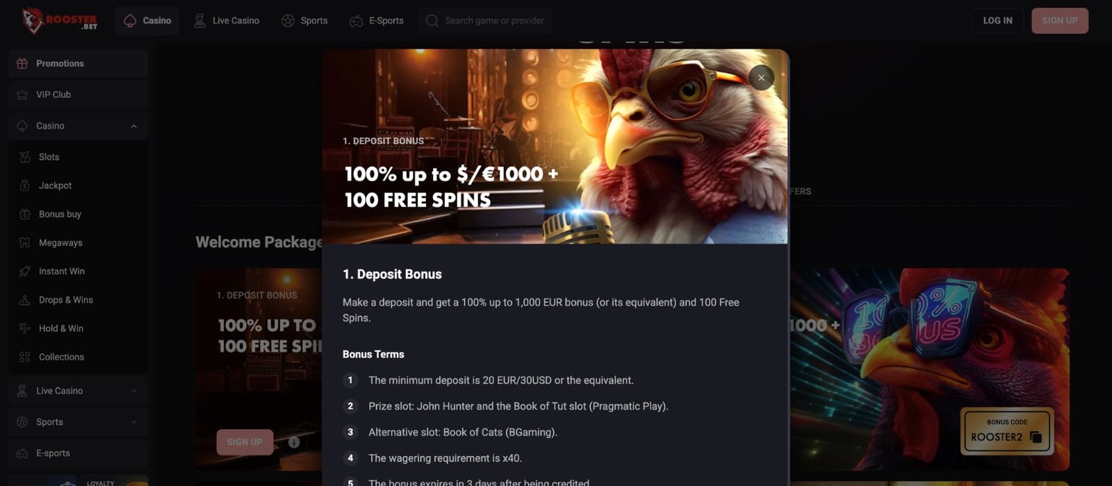 Overview of Rooster Bet casino bonus options with wagering conditions and claim buttons