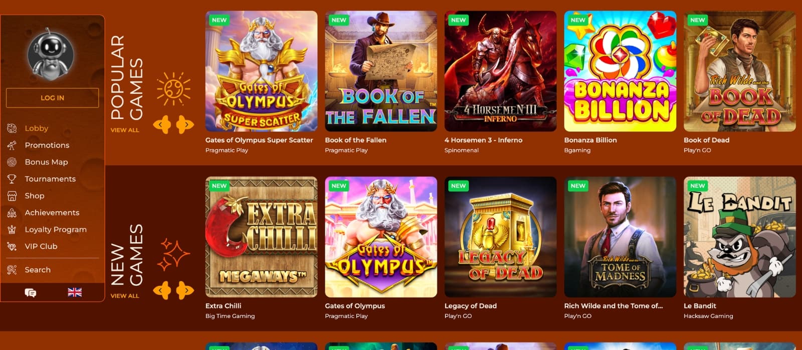 VegaZone Casino games lobby displaying slots, live casino and table games