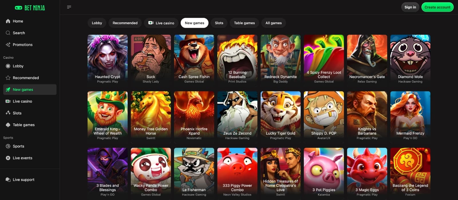 BetNinja games lobby showcasing slots, live tables, and casino categories