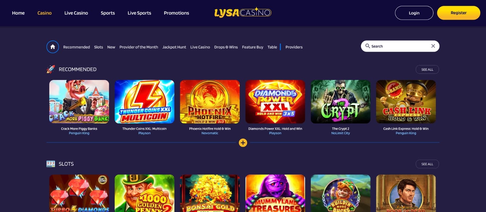 LysaCasino lobby with a large selection of slot games and live casino categories