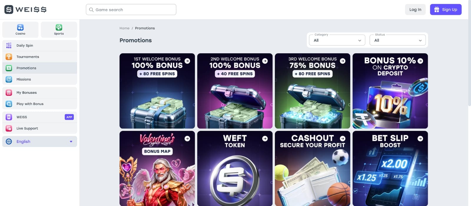 Overview of active bonus options on Weiss Casino including terms and how to claim