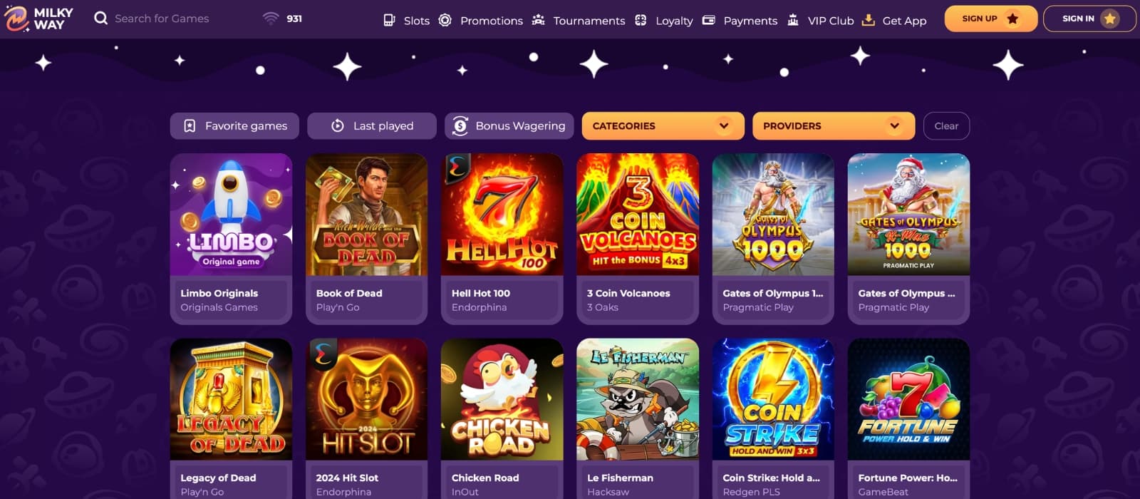 MilkyWay Casino lobby showing large selection of slots, live casino tables and game providers