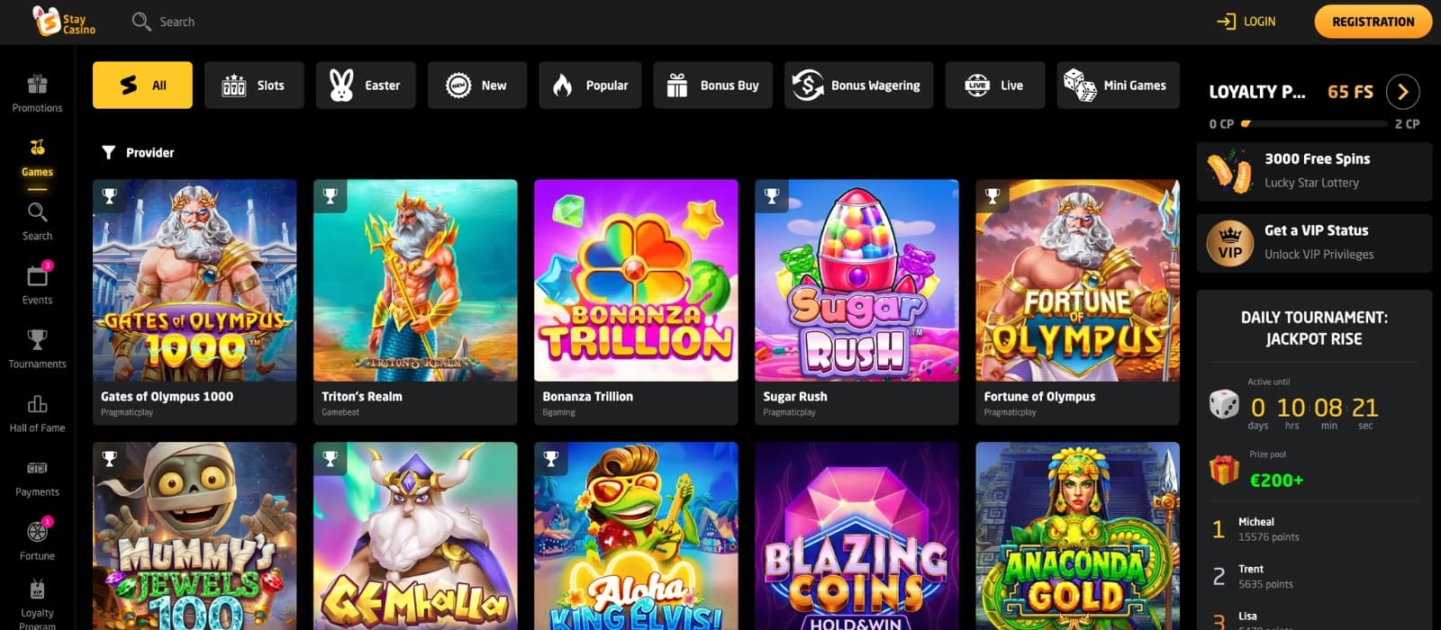 Stay Casino lobby showing slot games, live casino tables and provider filters