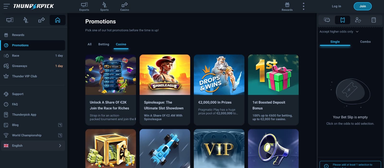 Thunderpick bonus page showing welcome offers and promotional rewards