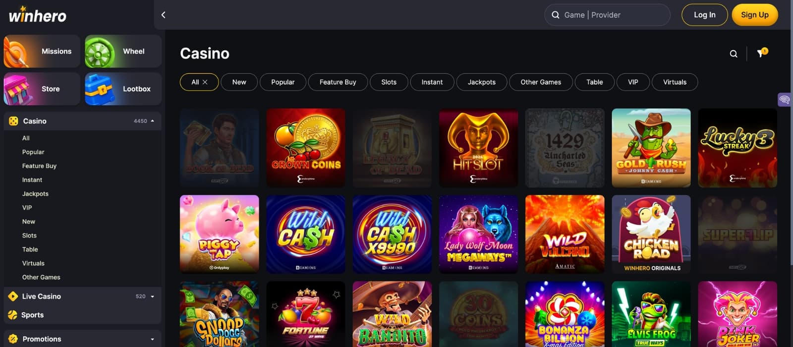 WinHero casino game lobby showing a variety of slot and live dealer games