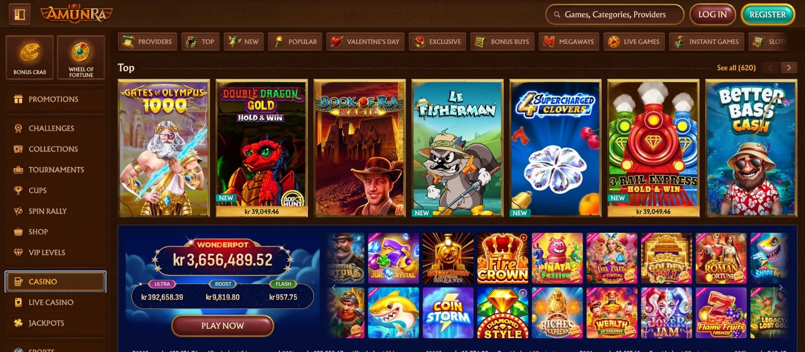 Casino game selection page at AmunRa showing filters and featured titles