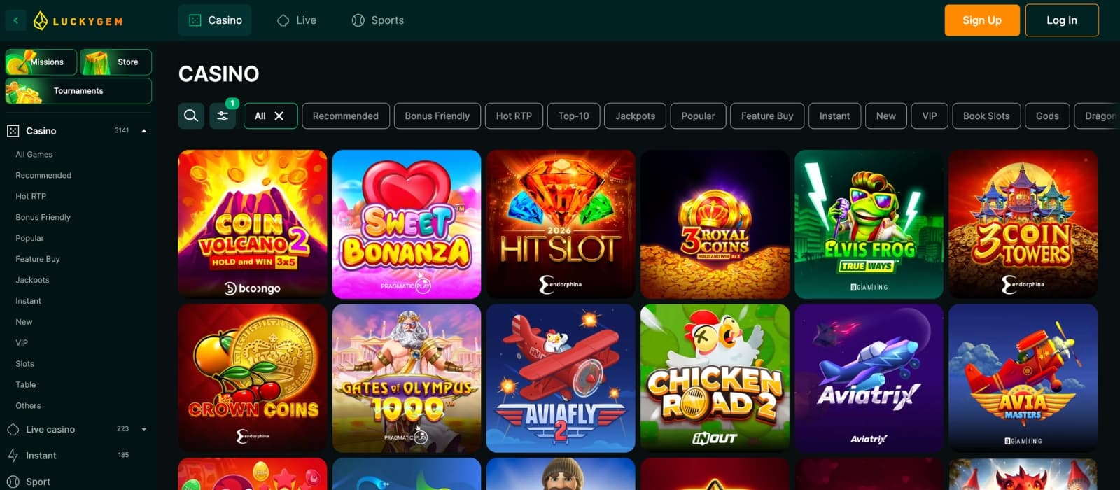 Game selection section on LuckyGem showing various casino titles