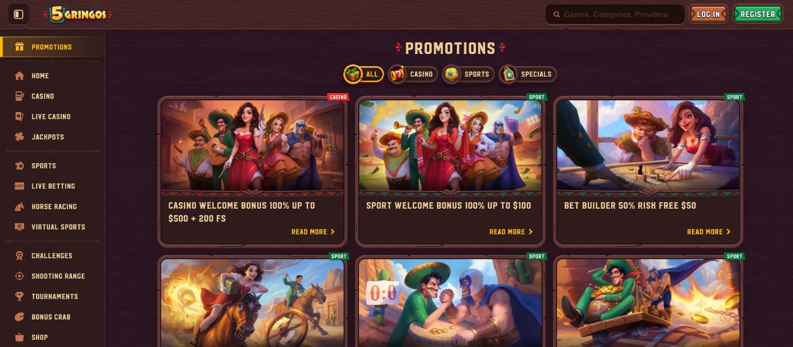 Overview of current bonus options on 5Gringos with terms and claim details