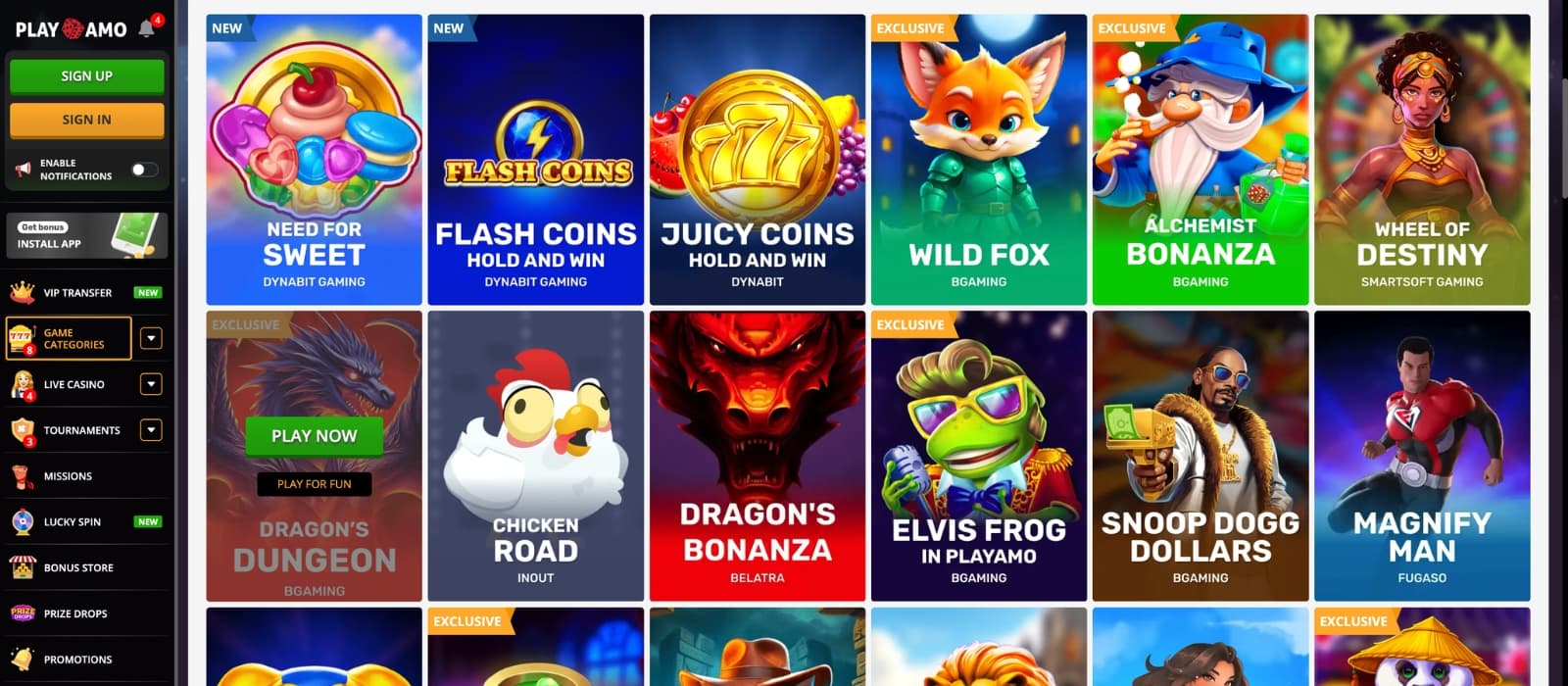 PlayAmo Casino lobby showing thousands of slots, live dealer tables and provider filters