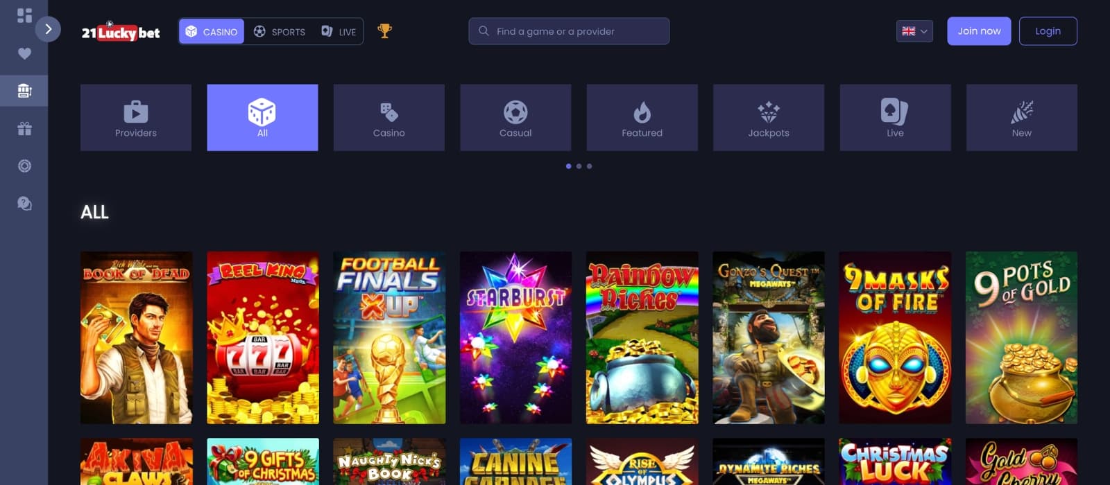 21LuckyBet games lobby presenting slots, live dealer titles, and table games