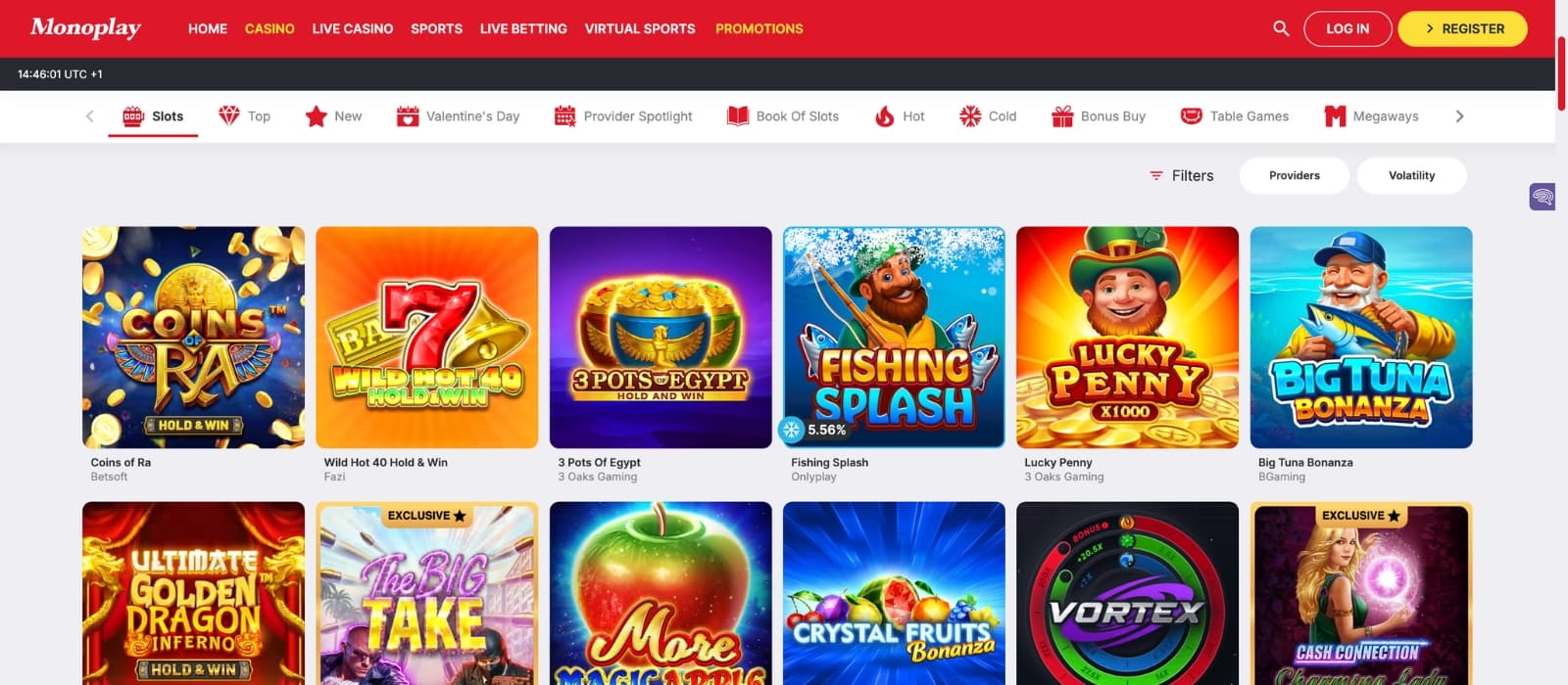 MonoPlay casino game lobby with slot and live dealer game thumbnails