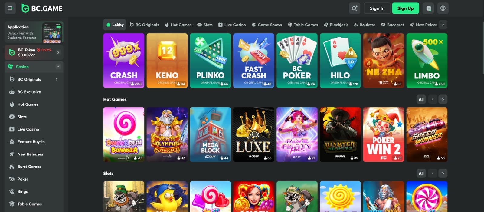 BC.Game casino lobby displaying slots, table, and live games.