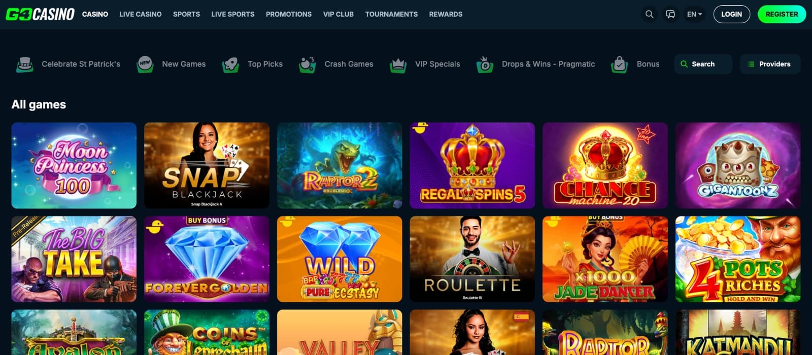 Go4Casino casino lobby displaying slots, live casino tables and game categories