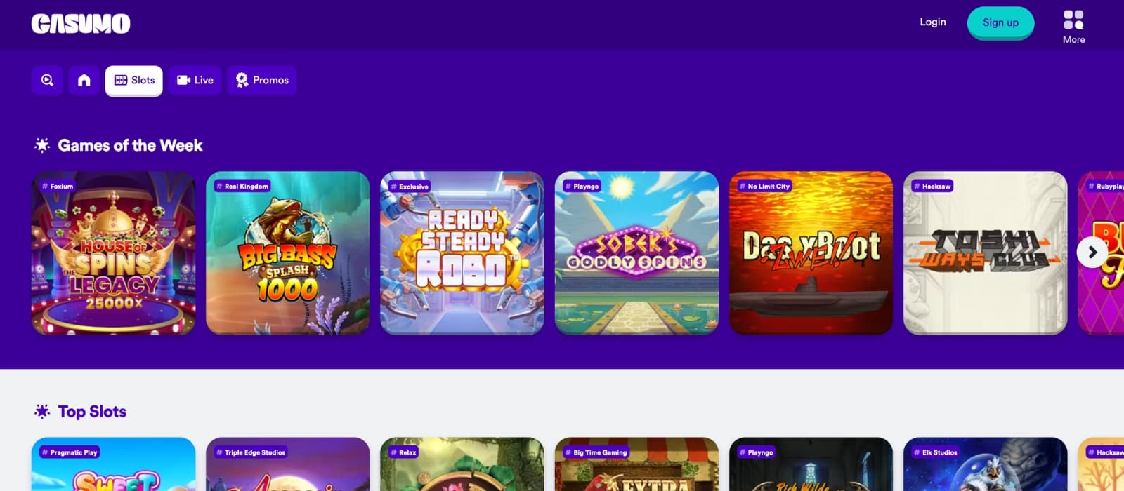 Casumo Casino lobby showing slots, live dealer games and categorized providers