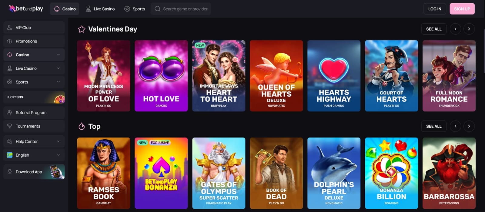 Live casino selection on Betandplay with game thumbnails and filter options