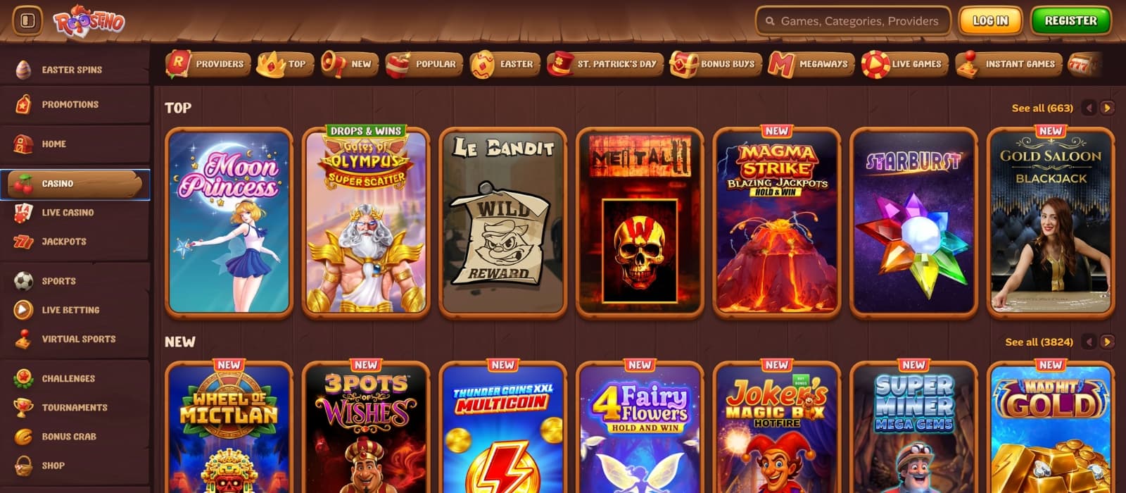 Roostino Casino lobby displaying thousands of slot games, live casino and sportsbook sections
