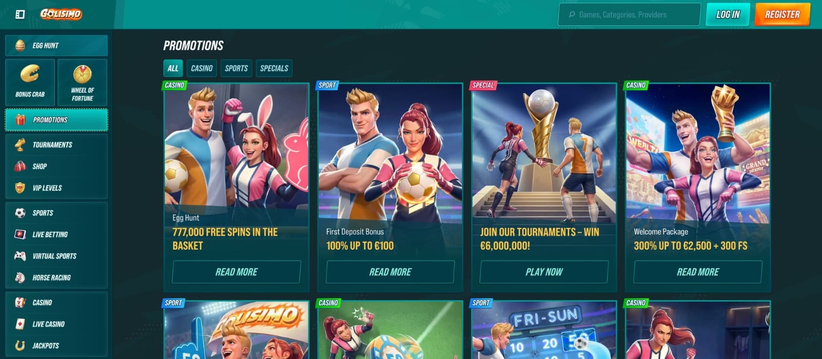 Golisimo Casino lobby showing extensive selection of slots, live casino games and sportsbook categories