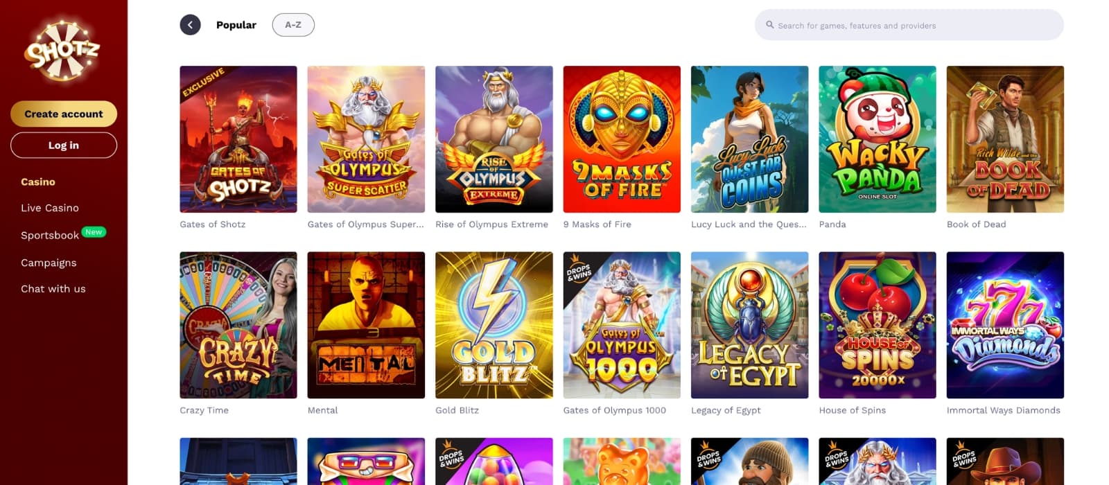 Rabona casino games lobby displaying slots, live dealer, and table games