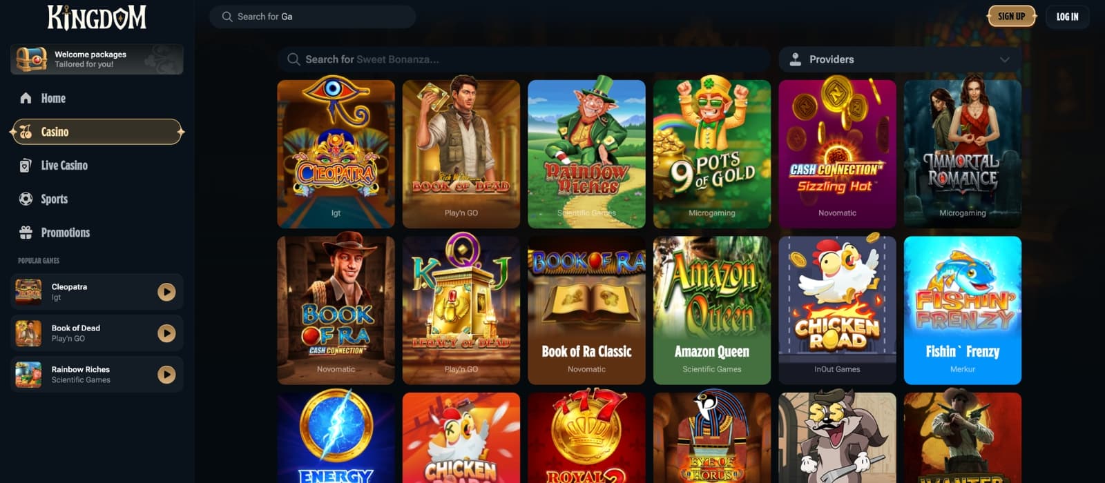 Kingdom Casino lobby displaying slots, live casino and multiple game providers