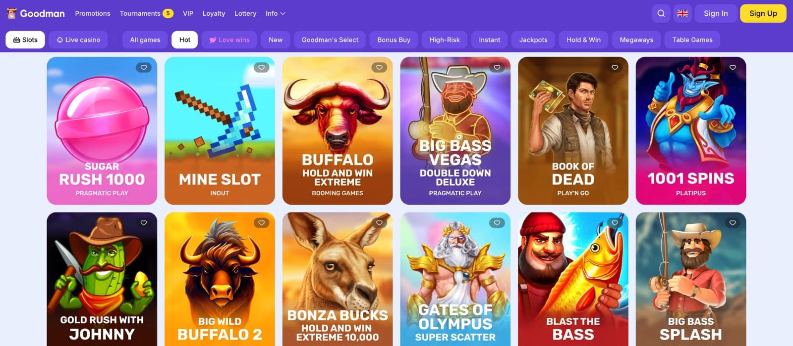 Slot gameplay view on Goodman Casino showing reels and bet controls