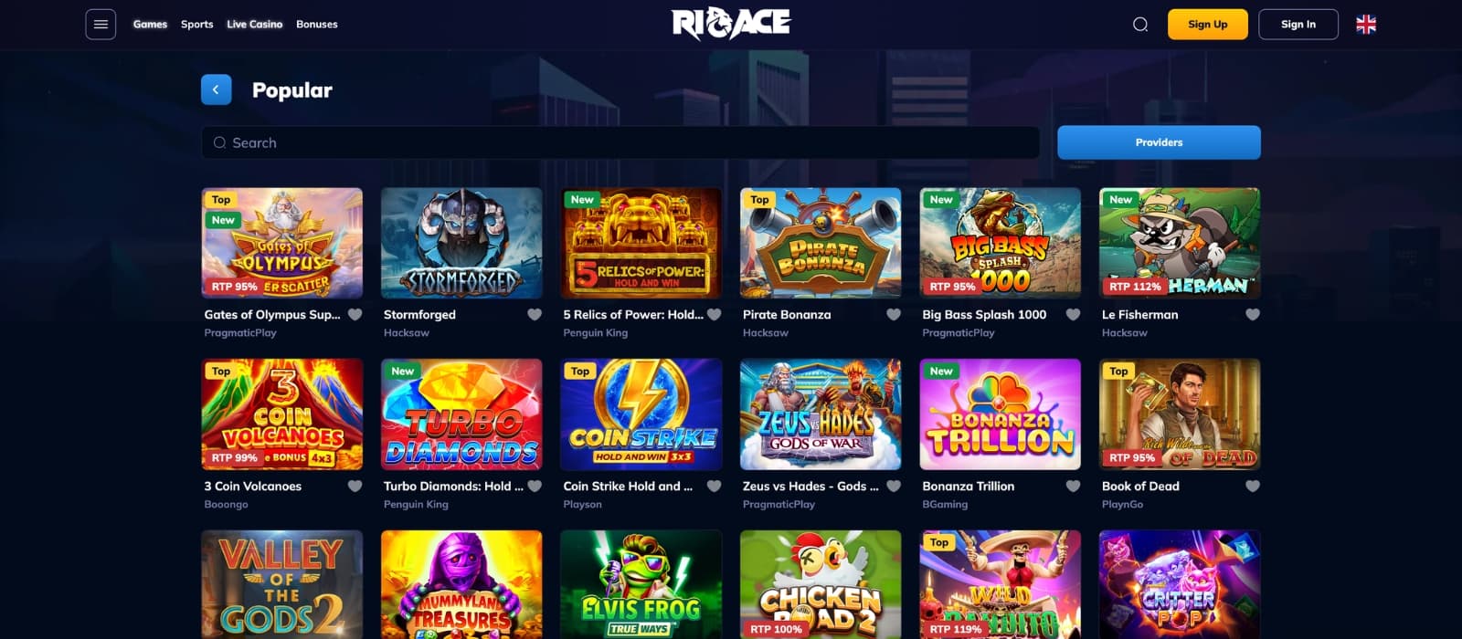 RioAce Casino lobby showing slots, live dealer games and provider filters with a large game selection