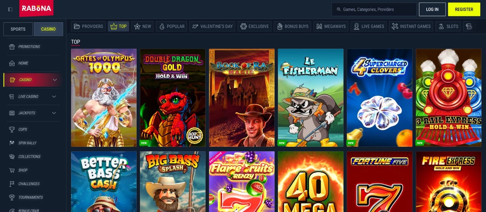 Slot play interface on Rabona with reels spinning and control buttons visible