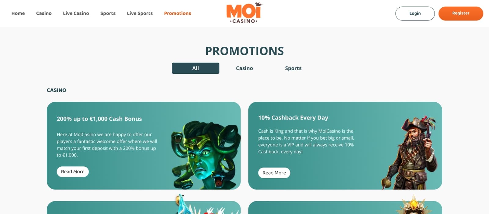 Promotions section on MOI Casino with reload offers and rewards