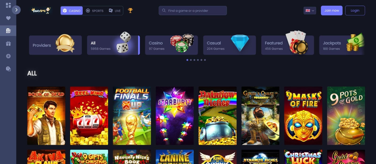 Fruity King Casino lobby showing slots, live dealer games and multiple provider categories