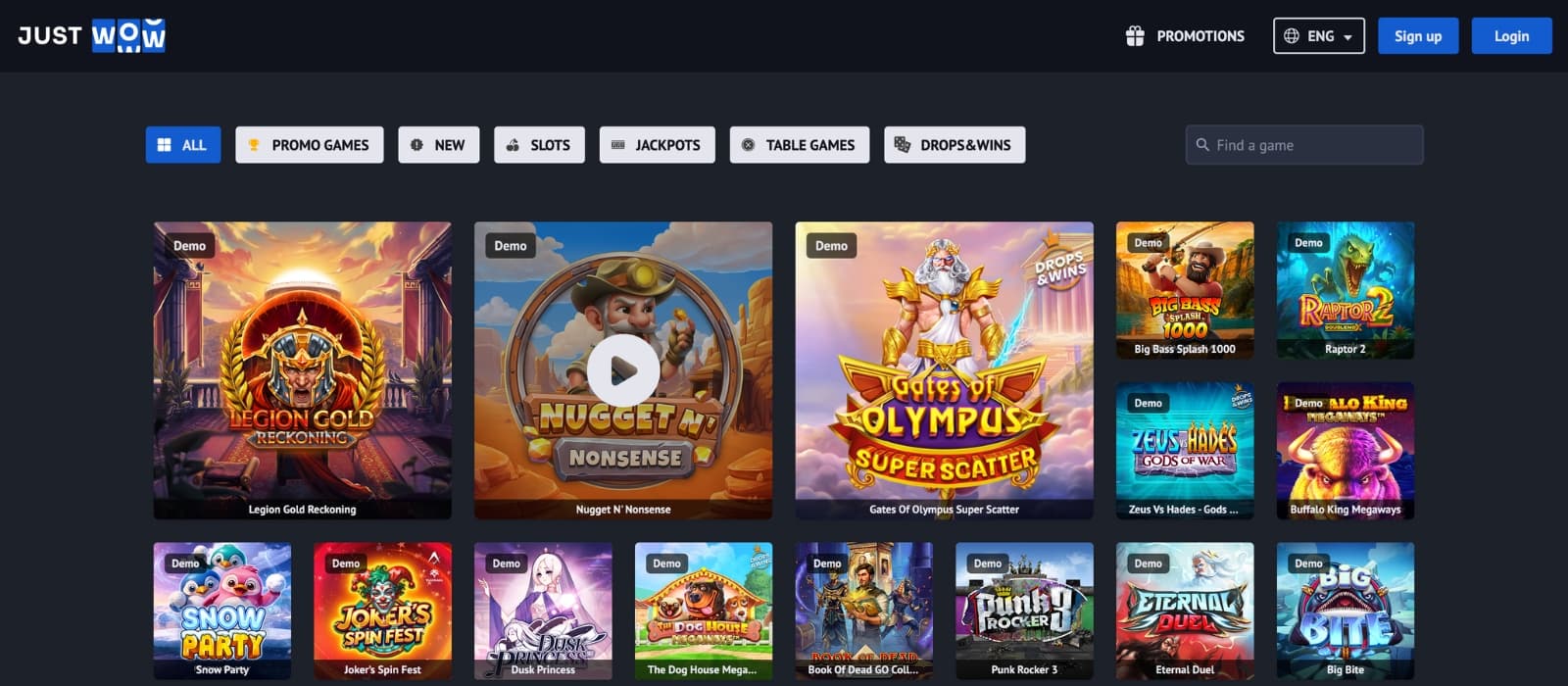 JustWOW Casino lobby showing slots, live dealer games and provider categories
