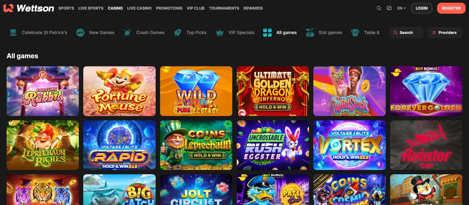 Wettson Casino games lobby displaying slots, live casino and sportsbook categories